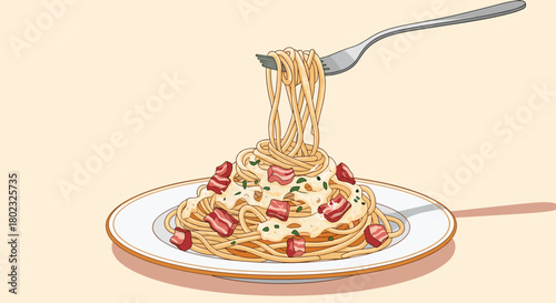 A delicious serving of spaghetti with creamy sauce, diced tomatoes, and cheese, lifted with a fork, presented on a white plate against a warm background.