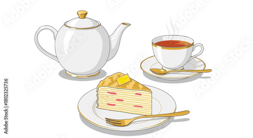 Elegant afternoon tea setting with a delicate mille crepe cake, steaming cup of tea, and ornate teapot, creating a cozy and inviting scene.