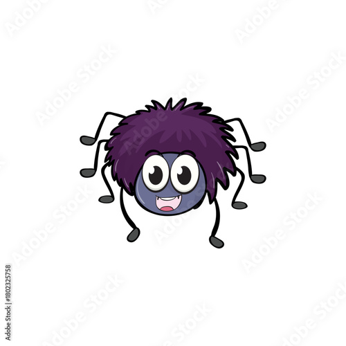 Cheerful fuzzy purple spider illustration with a friendly smile, a playful arachnid cartoon character design