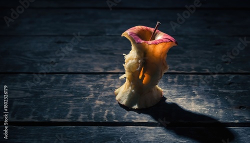 Uneaten Apple Core on Wooden Surface with Dramatic Lighting