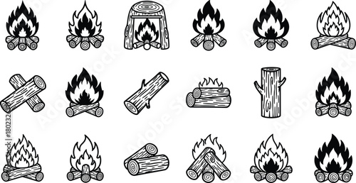 Collection of black and white campfire and log icons logs wood