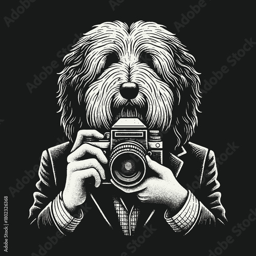 Shaggy Dog Photographer in a Suit Holding a Vintage Camera.
