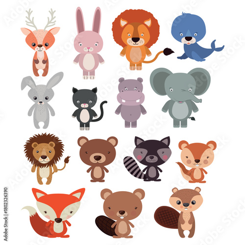 Charming Set of Diverse Cartoon Animal Illustrations Featuring Forest Dwellers and Safari Wildlife