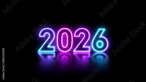 Glowing neon numbers for the year 2026 concept with vibrant blue and purple lights on a reflective black background