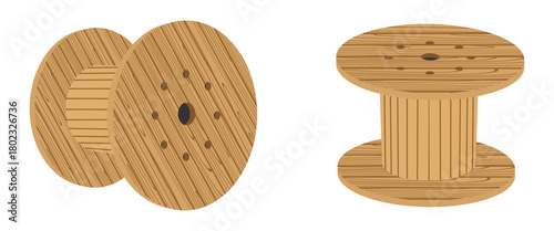 wooden wire electric cable coil, vector illustration isolated on white background.