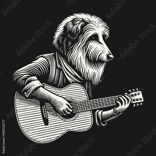 A shaggy dog musician playing an acoustic guitar in a vintage woodcut style.