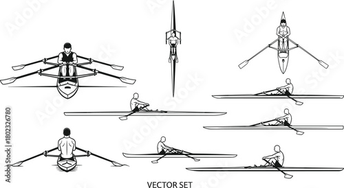 Collection of black and white vector illustrations of single scull rowers in various poses and perspectives