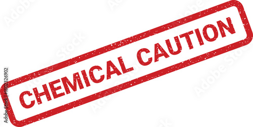 A red rectangular rubber stamp featuring distressed uppercase text that reads CHEMICAL CAUTION on a bright white background