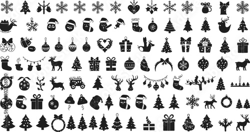 Collection of Black Christmas Icons and Silhouettes on White Background snowflake