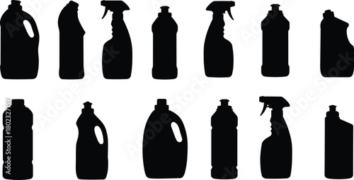 Collection of black silhouette cleaning product bottles and spray bottles on white background