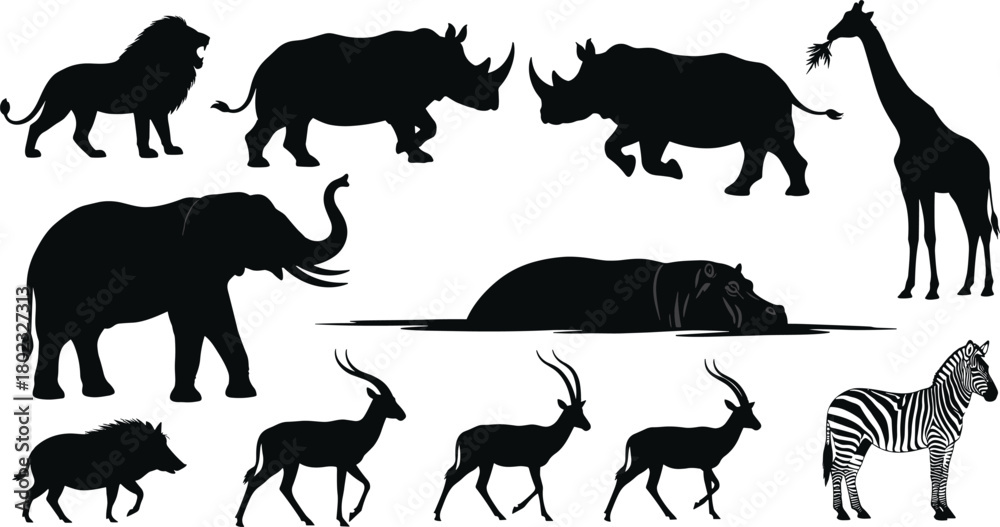 Obraz premium Collection of black silhouette safari animals on a white background lion rhino