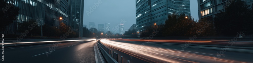Fototapeta premium Night cityscape with light trails and illuminated skyscrapers in urban setting
