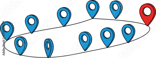 Collection of blue and one red map location pins arranged in a curved line map pin