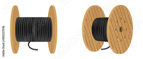wooden drum wire electric cable coil, vector illustration isolated on white background.