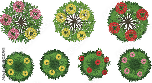 Collection of eight stylized top view trees with pink yellow and red flowers and green foliage
