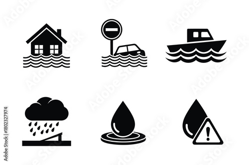 Collection of flood hazard icons isolated on white background