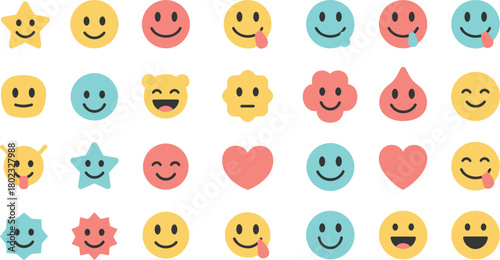 Collection of flat design cartoon smiley faces and hearts in yellow blue and coral