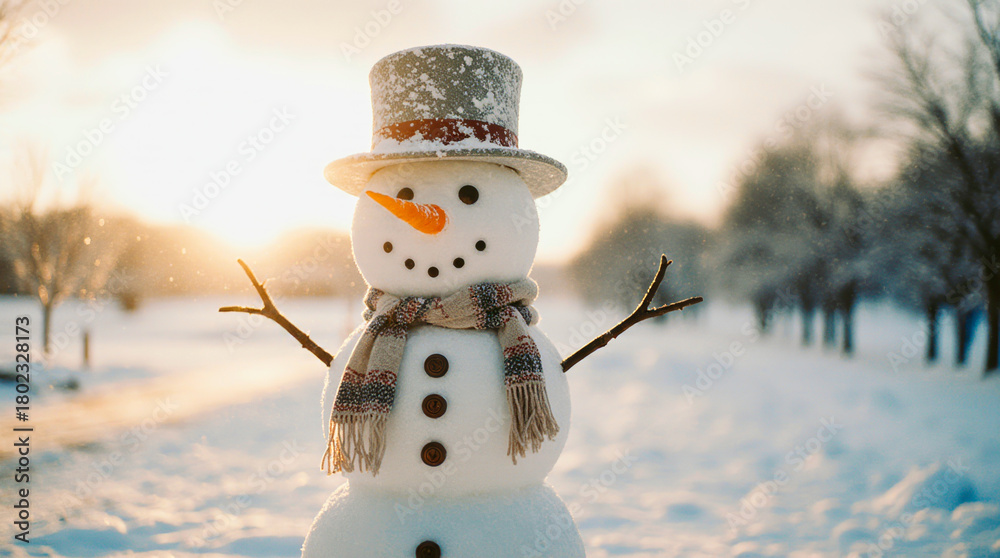 Obraz premium Joyful snowman with scarf and hat in winter sunshine