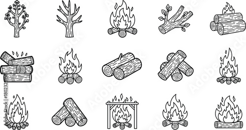 Collection of hand drawn black and white icons representing trees logs and campfires
