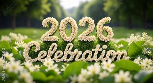 A beautiful floral arrangement forming the year 2026 and Celebration text with white flowers on a lush green lawn