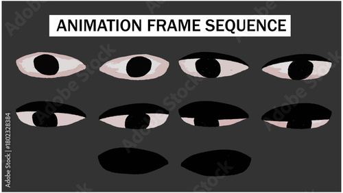 Cartoon Eye Blink Animation Frame Sequence. Hand-Drawn 2D Character Blinking Effect. Expressive Human Eye Motion Graphic Element for Video Project Overlay.