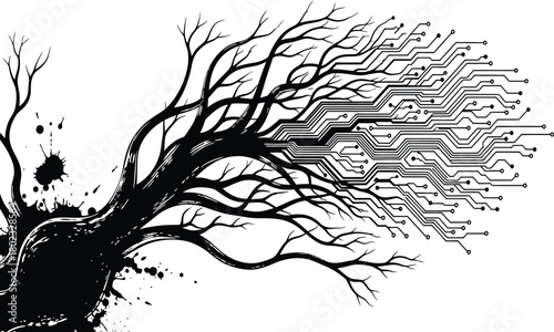 Modern technology merges with nature in abstract tree design, symbolizing growth and innovation
