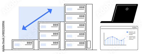 Rows of servers arranged by size, blue arrow indicating scalability, laptop, and webpage with analytics chart. Ideal for data storage, IT growth, cloud computing, technology trends, scalability