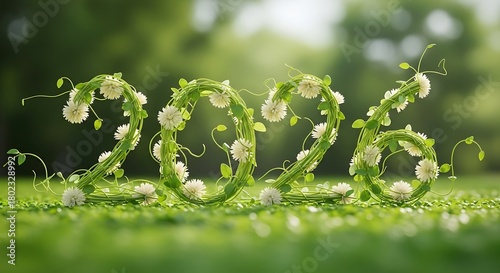 A natural design of the number 2026 created from fresh green clover plants and white blossoms on a sunny spring lawn