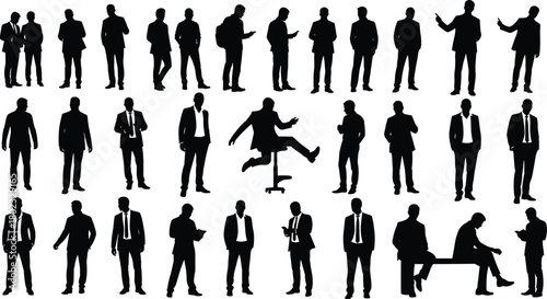 Diverse group of men in suits and casual wear in various poses and activities silhouette