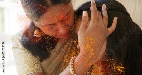 Mother comforting daughter by window, daughter appearing downcast, gold dusting faces, health