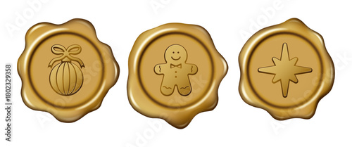 Christmas wax seal stamp. Set of golden ornament, gingerbread man, star sealing wax stamps decorative elements. Elegant vintage sign mockup for invitation, cards, tags, banner, letters or calligraphy