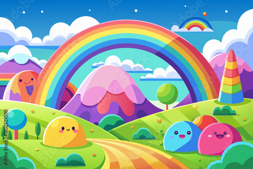 Colorful landscape hills with happy faces, rainbow arch in the sky and fluffy white clouds drifting gently background