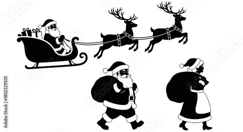 Santa Claus rides in sleigh pulled by reindeer with helpers