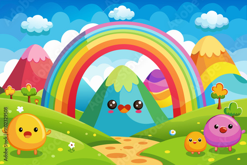Colorful landscape hills with happy faces, rainbow arch in the sky and fluffy white clouds drifting gently background