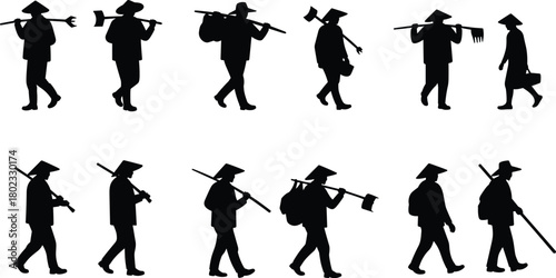Silhouettes of farmers wearing conical hats carrying tools and bags agriculture farming