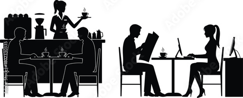 Silhouettes of people in a cafe setting with coffee and technology coffee shop