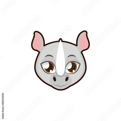 Cute cartoon rhinoceros face, friendly expression, animal illustration for kids