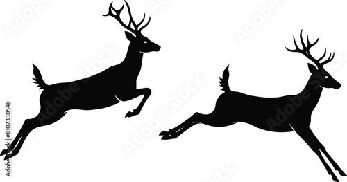 Two black silhouette deer with antlers leaping against a white background vector