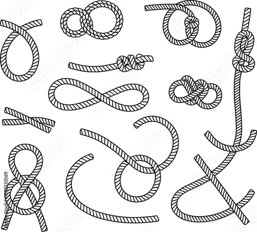 collection of detailed rope knot illustrations featuring nautical loops, tied cords, sailing knots, and marine rope designs in clean hand-drawn black and white vector style