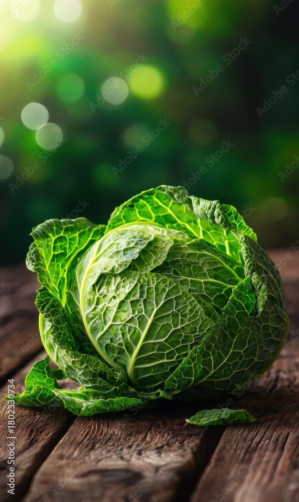 Fototapeta premium Fresh green cabbage on rustic wooden table with natural light and soft bokeh
