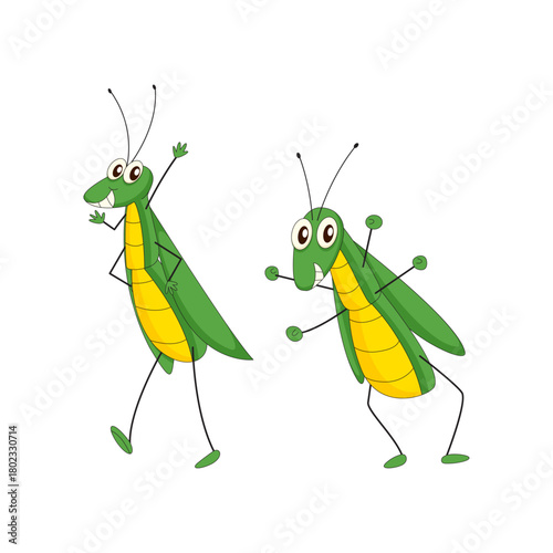 Joyful green cartoon grasshoppers with lively expressions, happily