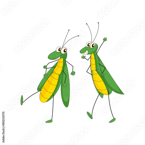 Two green grasshoppers in a playful stance, illustration of insects in motion