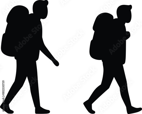 Two black silhouettes of hikers with backpacks walking in opposite directions travel