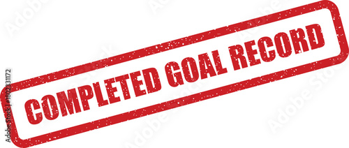 A striking red rectangular rubber stamp impression displaying the words COMPLETED GOAL RECORD on a white background