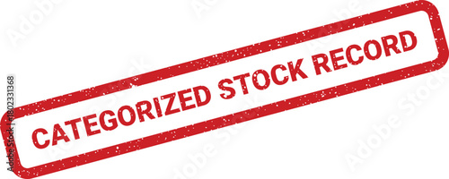 A striking red rectangular rubber stamp with distressed white lettering spells out CATEGORIZED STOCK RECORD on a clean white background