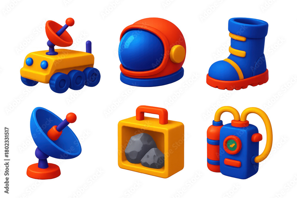 Naklejka premium Moon Exploration Icons. 3D icon set of moon exploration gear: lunar rover, space helmet, moon boot, satellite dish, rock sample