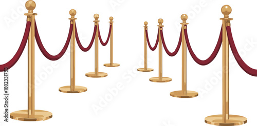 Golden stanchions with red velvet ropes forming an elegant guided pathway for VIP events, ceremonies, red carpet entrances, premieres, and luxury gatherings