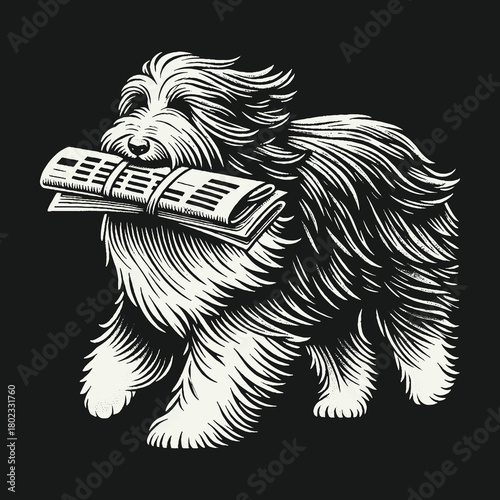 Vintage Style Illustration of a Shaggy Dog Carrying a Newspaper.