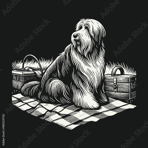 Bearded Collie Dog Sitting on a Picnic Blanket Illustration.