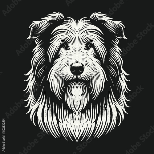 Shaggy Terrier Dog Head Black and White Illustration.
